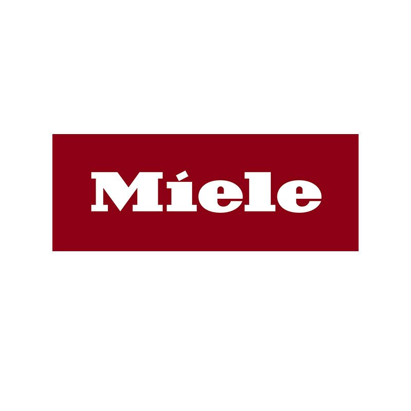 Miele Logo mit weißer Schrift auf rotem Hintergrund, zentriert auf weißem Feld.